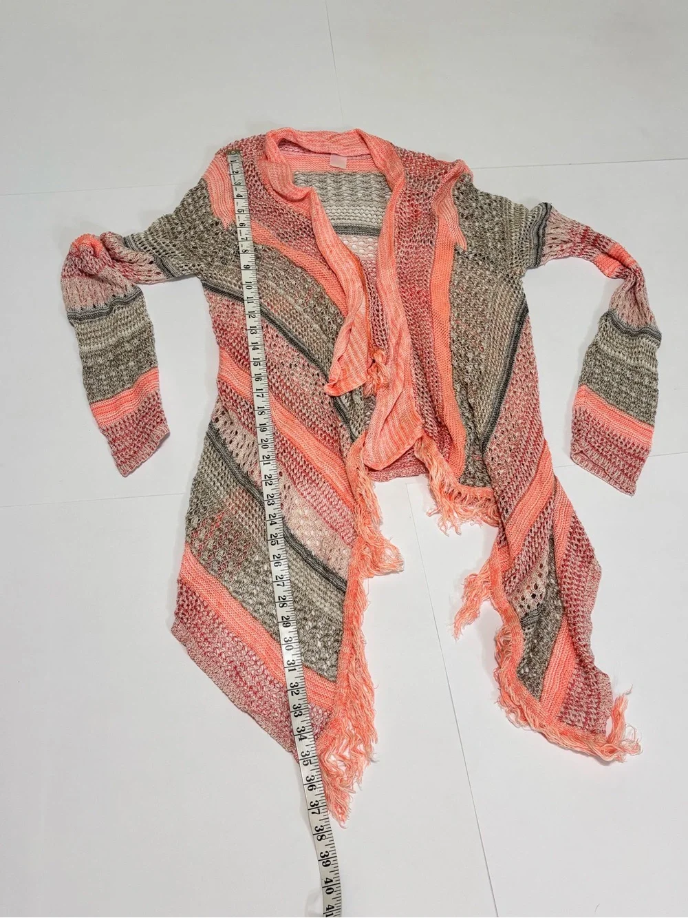 Maurices Women’s Striped Open-Front Fringe Cardigan Sweater - Coral & Tan